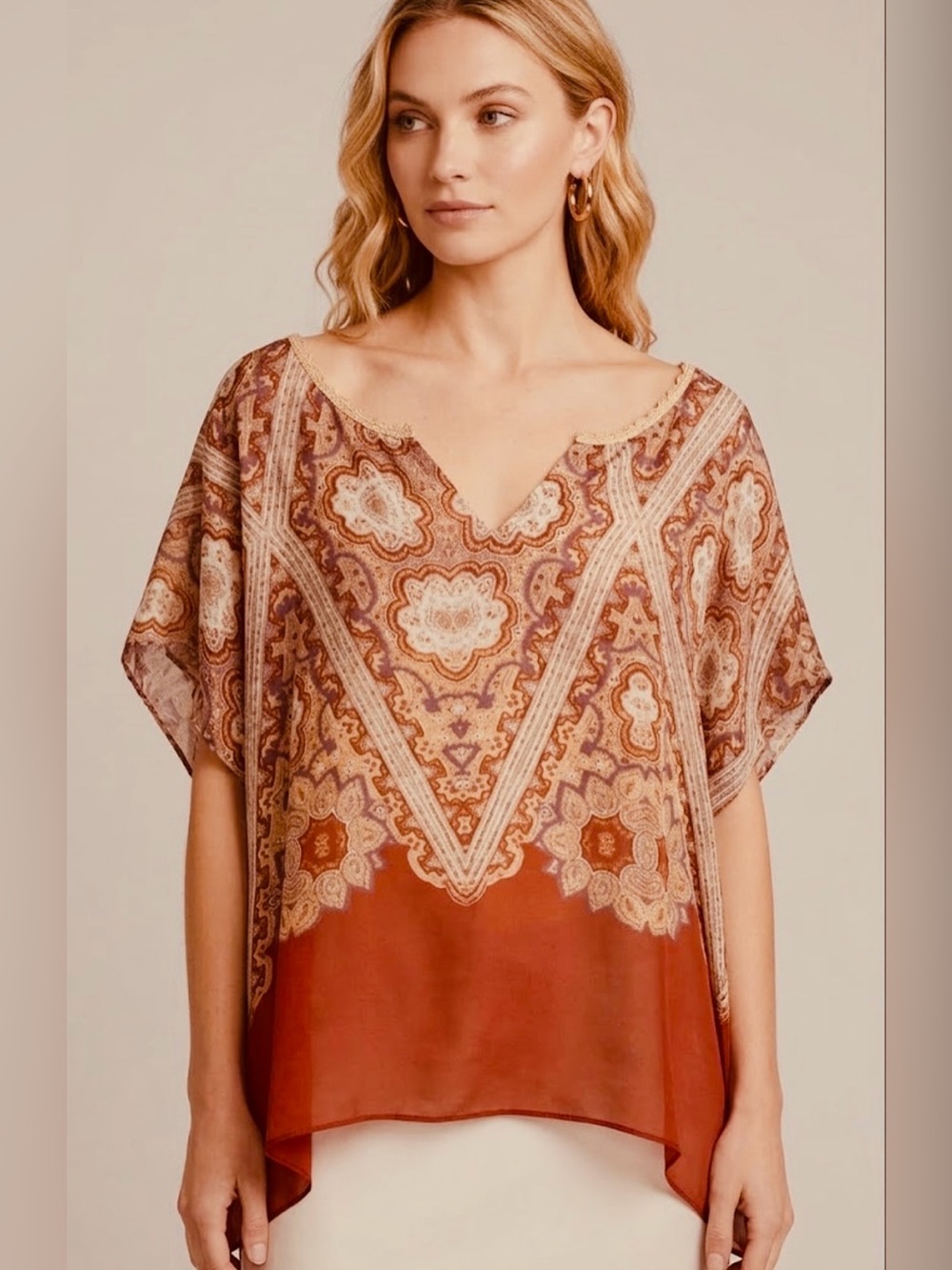 Maeve by Anthropology V-Neck Flutter Top Rust Beige Women’s Medium 100% Silk